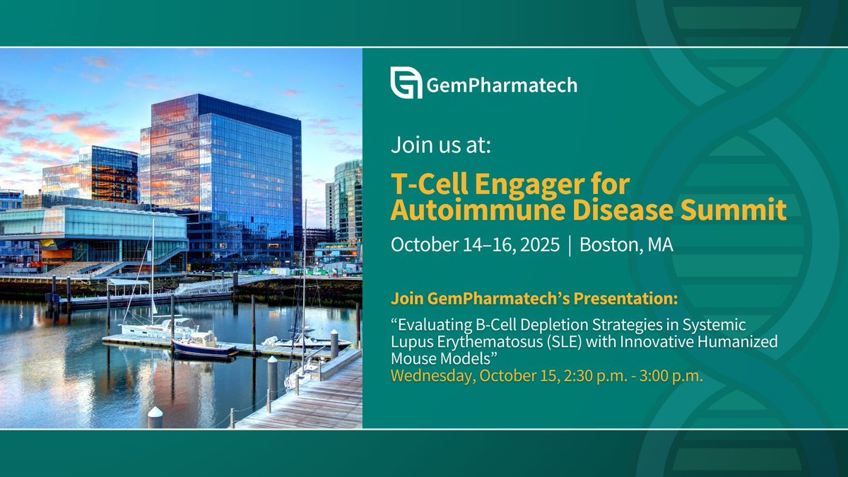 #GemPharmatech is proud to sponsor the inaugural T-Cell Engager for #Autoimmune Disease Summit this October! Join us during the summit to connect with our experts and discuss your specific #research needs. 
Don't miss our presentation on Wednesday, October 15 at 2:30 p.m. #TCE