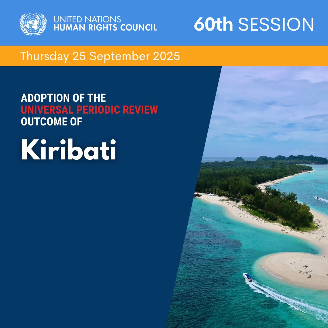 The <a href="/UN/">United Nations</a> Human Rights Council adopted the decision on the outcome of the fourth Universal Periodic Review (UPR) of #Kiribati.

Info ➔ohchr.org/en/hr-bodies/u…

#HRC60