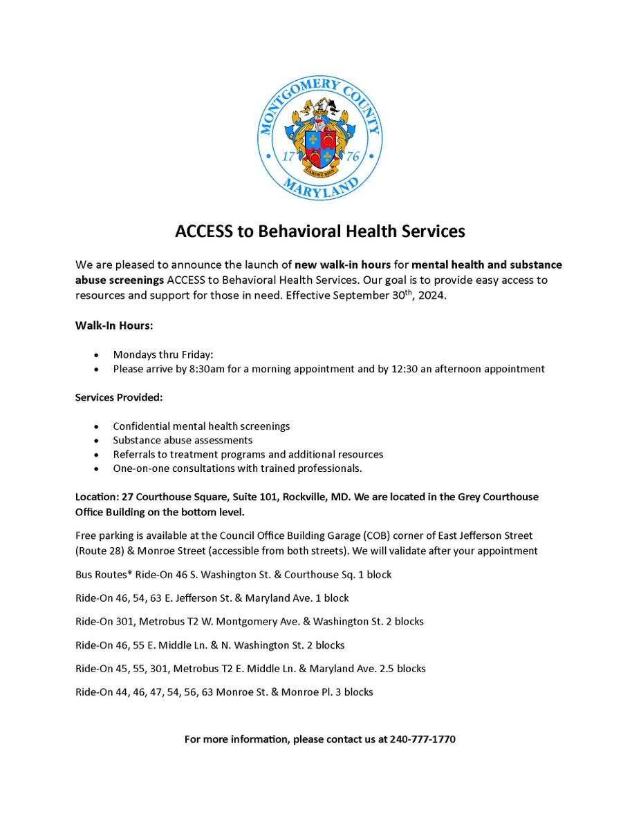 ACCESS to Behavioral Health Services has new walk-in hours for mental health and substance abuse screenings! Mondays thru Friday, arrive by 8:30am for a morning appointment and by 12:30pm for an afternoon appointment. For more information, please call 240-777-1770.
