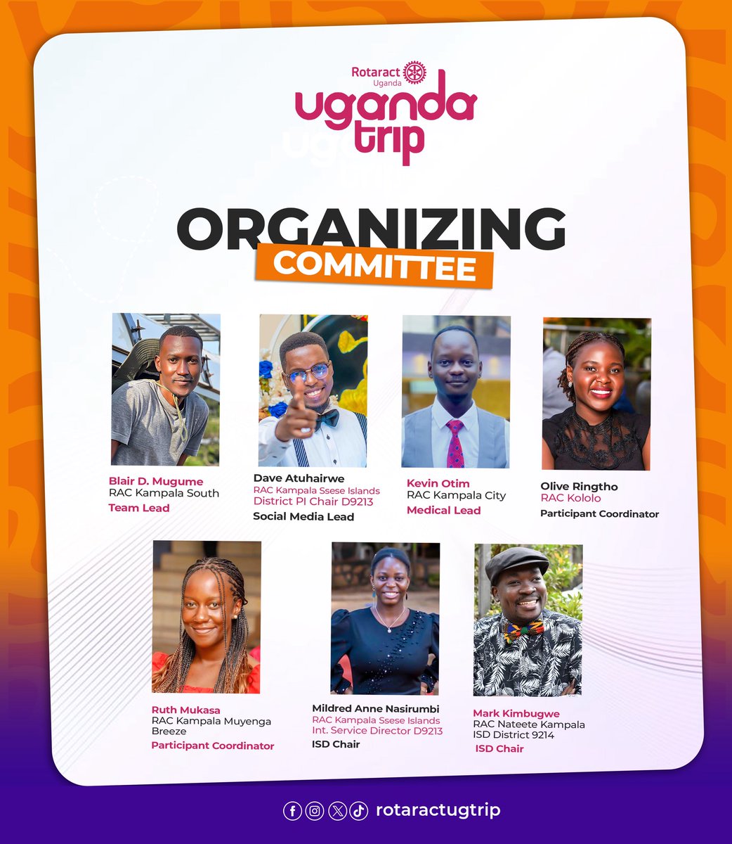 We are thrilled to present the Organizing Committee of the February 2026 edition of the #RotaractUgandaTrip!

These are the architects of an adventure that promises more than scenic wonders, from surfing the Nile’s whitewaters to safari sunsets in Murchison Falls National Park,