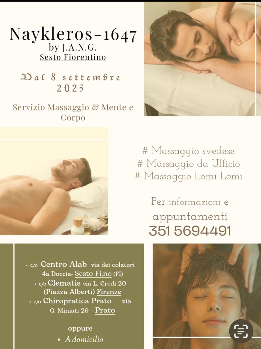 naykleros's tweet image. Nuovo servizio massaggi. Firenze, Sesto Fiorentino, … a domicilio e Prato. Per info e prenotazioni 351 5694491