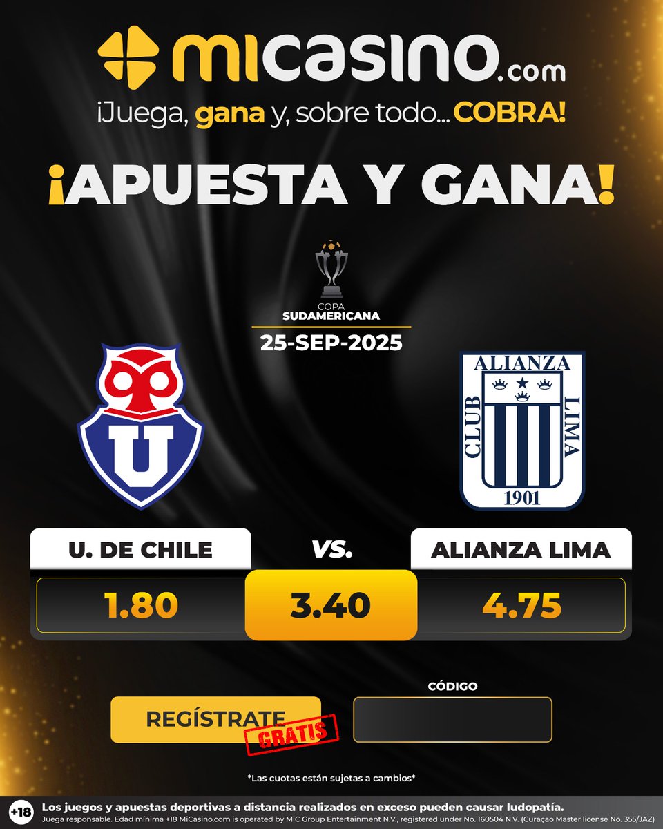 ¡CON FE Y CORAZÓN!
Alianza Lima se juega el todo por el todo hoy (7:30 pm) en Coquimbo ante U. de Chile, en busca de su pase a 'semis' de la Sudamericana. Tras el 0-0 en Matute, íntimos sueñan con seguir haciendo historia en copa.

🤑Regístrate y gana👉micasino.com/register/?pc=C…