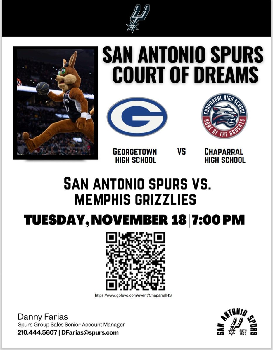 Bobcat family and friends, please come out and support as we take on the Georgetown Eagles at The Frost Bank Center (12:10pm) followed by The Spurs vs Grizzlies! (7pm). Purchase your discounted tickets through the qr code.