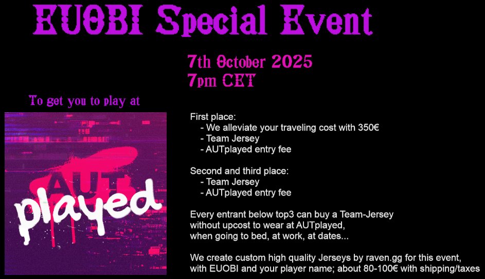 Get ready for the EUOBI Special Event to celebrate the Austrian Fighting Games Tournament <a href="/autplayed/">AUTplayed</a>-2026!

Win your entry Fee, bonus to your travelling costs and a team jersey for AUTplayed!
challonge: challonge.com/bbeuspecial
discord: discord.gg/AkxB9cD