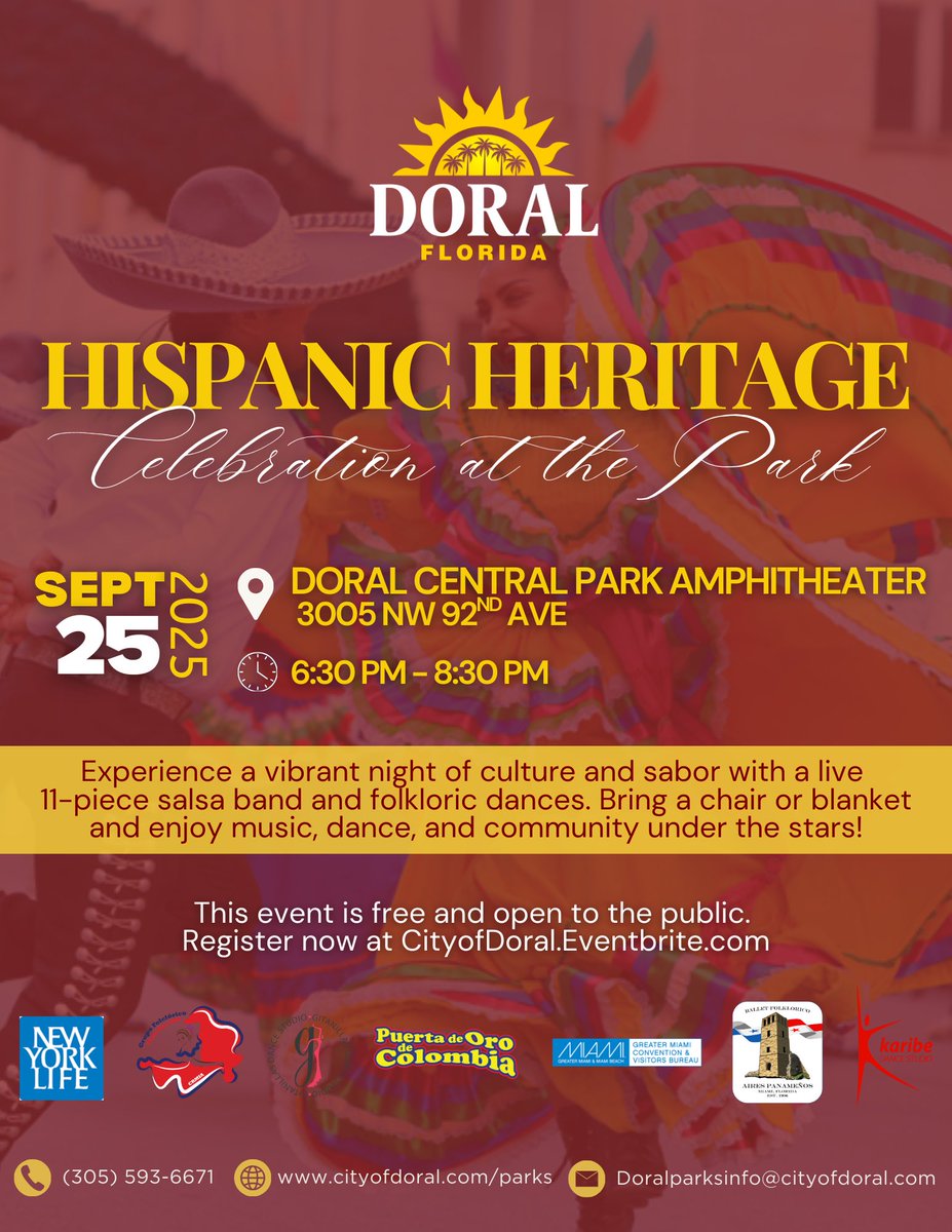 Cityofdoral's tweet image. Join us TONIGHT for an unforgettable 𝐇𝐢𝐬𝐩𝐚𝐧𝐢𝐜 𝐇𝐞𝐫𝐢𝐭𝐚𝐠𝐞 𝐂𝐞𝐥𝐞𝐛𝐫𝐚𝐭𝐢𝐨𝐧 at Doral Central Park! 

🎶 Live 11-piece salsa band
💃 Folkloric dances
❤️‍🔥 Culture, sabor &amp;amp; community vibes
🤩 All under the stars at the Amphitheater!
👉 FREE &amp;amp; open to all
