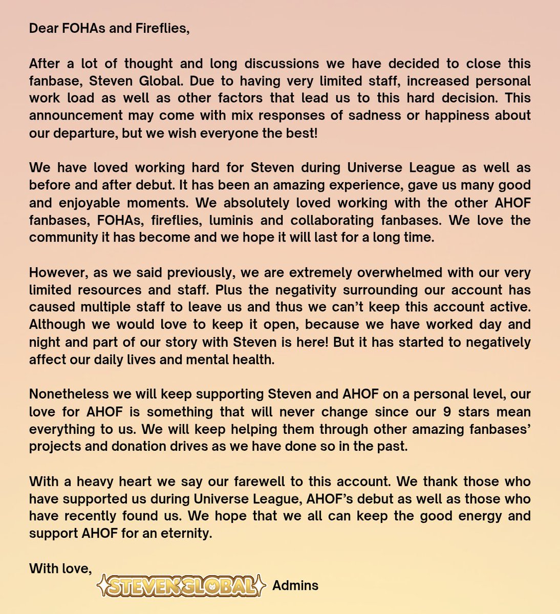 [CLOSED]

Thank you everyone for absolutely everything you've done with us during this long precious journey.

We hope to keep loving and supporting AHOF and Steven together for a long long time.