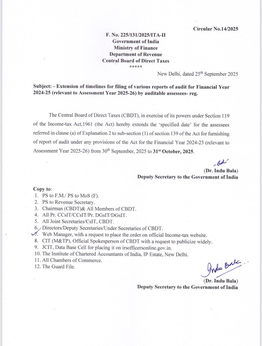 Official circular for extension of specified date (TAR Due Date) to 31st Oct🔥

As of now due date for ITR filing for Audited ITRs is still 31st Oct!!

In modern era of detailed online return filing , it is the first time when both dates are coinciding, until separately extended!