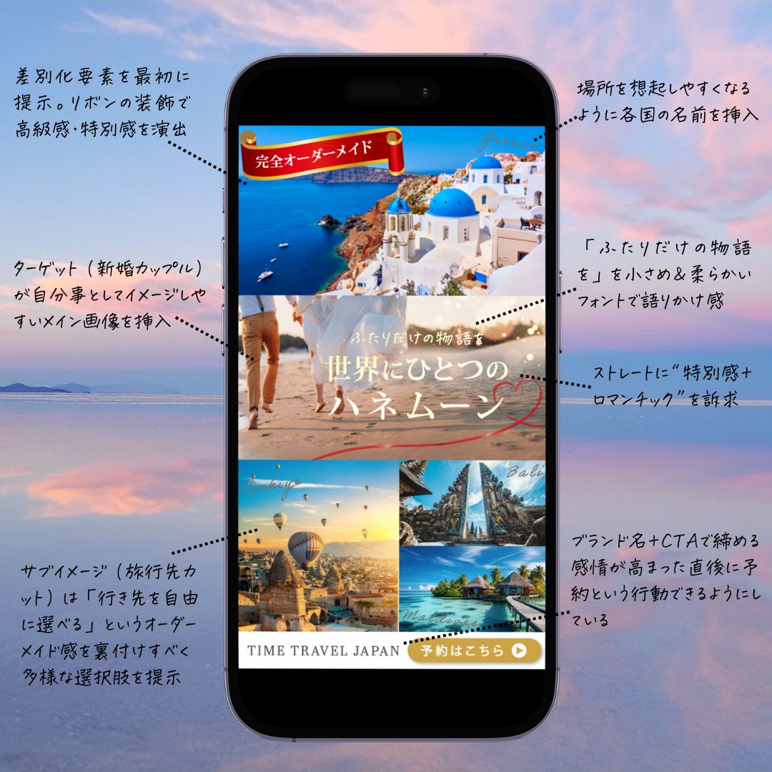 rei__webdesign's tweet image. ＼自主制作／　
▶️ジャンル:​完全オーダーメイドハネムーン旅行の訴求
▶️使用ツール:Photoshop/Illustrator
▶️ターゲット:​20代後半〜30代後半の新婚夫
婦
他商品との差別化ポイントである、特別感と選択肢の豊富さが伝わるように表現🎨
#webdesign  #デザイン解説　#webcoach卒業生