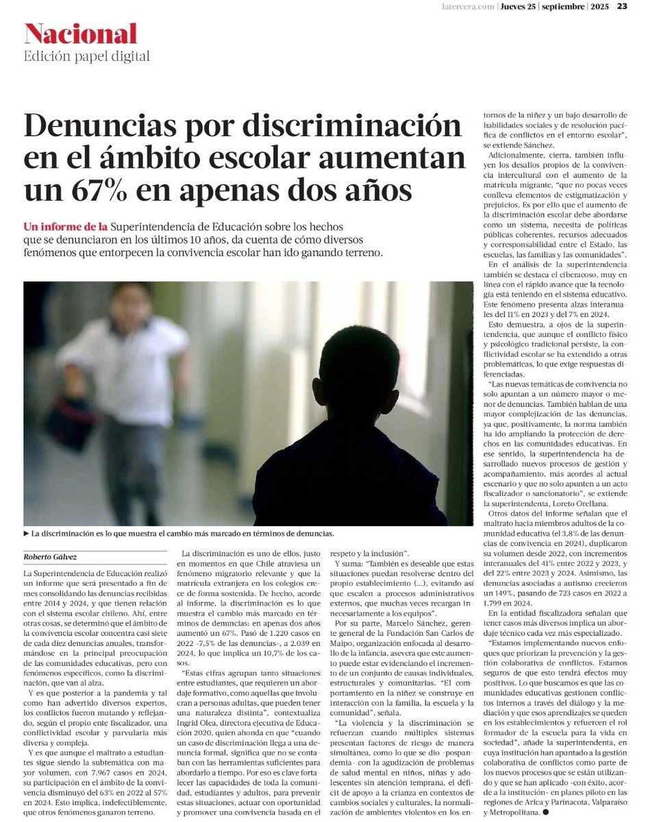 "Por su parte, *Marcelo Sánchez, gerente general de la fundación San Carlos de Maipo*, organización enfocada al desarrollo de la infancia, asevera que este aumento puede estar evidenciando el incremento de un conjunto de causas individuales, estructurales y comunitarias"