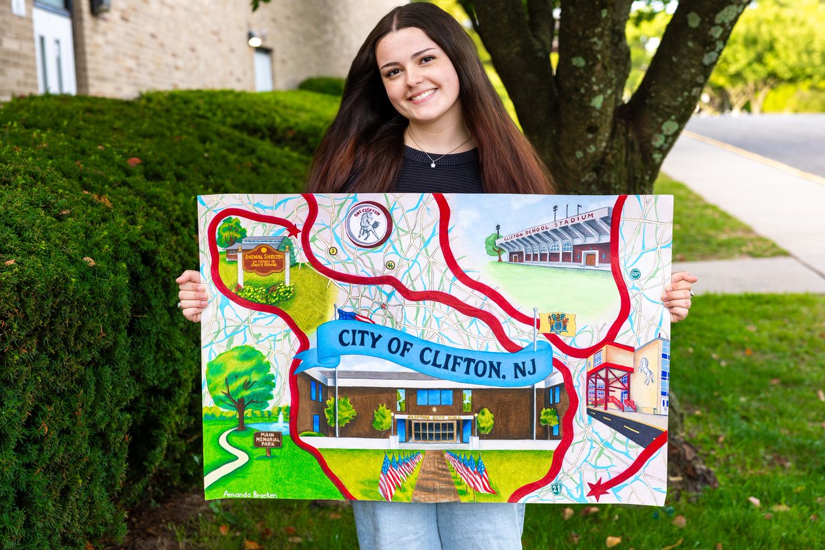Senior Amanda Bracken has created a stunning colored pencil artwork that beautifully captures the spirit and landmarks of Clifton. Her piece was chosen to be proudly displayed in the conference room of New Jersey State Senator John McKeon’s newly relocated district office.