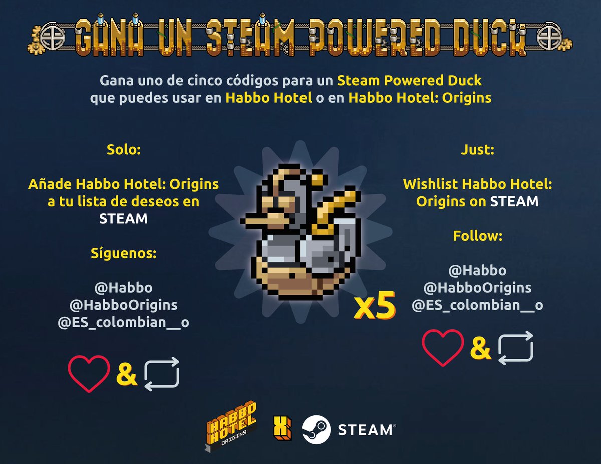 GANA UN STEAM POWERED DUCK ⚙️🦆
Son 5⃣ ganadores

-Añade Habbo Hotel: Origins a tu wishlist en Steam
(comenta una captura cuando lo hagas y escribe #HabboHotelOrigins)
store.steampowered.com/app/3809900/Ha…
-Síguenos <a href="/Habbo/">Habbo</a> <a href="/HabboOrigins/">Habbo Hotel: Origins</a> <a href="/ES_colombian__o/">colombian--o</a> 
-❤️y🔁

⌛️FINALIZA: 02/10
<a href="/Habbo/">Habbo</a> #Habbo