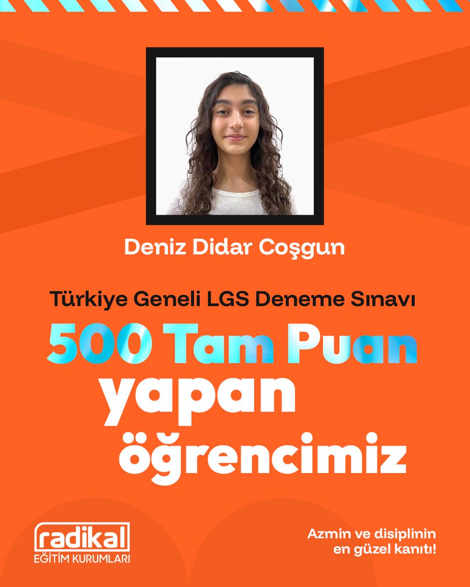 🎯 500 TAM PUAN! 🎯
8. sınıf öğrencimiz Deniz Didar Coşgun, Türkiye Geneli LGS Deneme Sınavı’nda 500 tam puan alarak kusursuz bir başarıya imza attı. 👏✨

🌟 Yolun açık olsun, Deniz! 🌟

#radikaleğitimkurumları #lgs2026 #başarı #500tampuan #öğrencibaşarısı #disiplin #azim