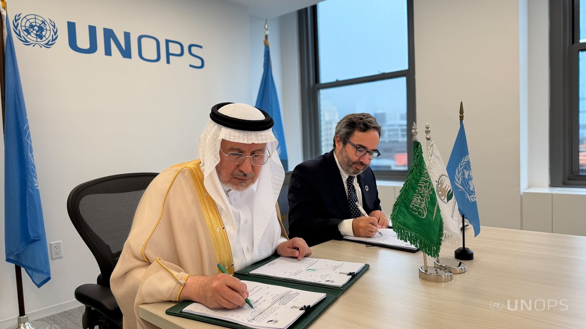 UNOPS_Chief's tweet photo. Today, @KSRelief &amp; @UNOPS signed 2 agreements to strengthen health systems in #Syria &amp; #Ukraine. This is an important step forward in our partnership with @KSRelief &amp; the government of #SaudiArabia, signed on the sidelines of #UNGA80. https://t.co/7rVZ4K35Ik