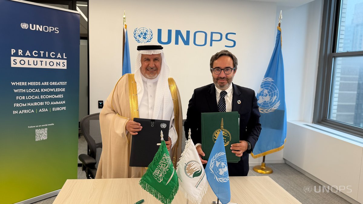 UNOPS_Chief's tweet photo. Today, @KSRelief &amp; @UNOPS signed 2 agreements to strengthen health systems in #Syria &amp; #Ukraine. This is an important step forward in our partnership with @KSRelief &amp; the government of #SaudiArabia, signed on the sidelines of #UNGA80. https://t.co/7rVZ4K35Ik