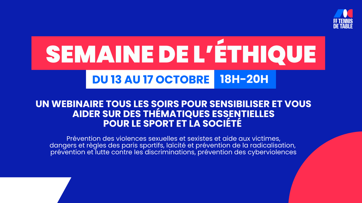 Du 13 au 17 octobre prochain, la Fédération consacrera une semaine entière à l’éthique, afin de sensibiliser et d’informer sur des thématiques essentielles pour le sport et la société 📅

📎 Retrouvez le programme complet et les modalités d'inscription ➡️ ow.ly/8i6050X2333
