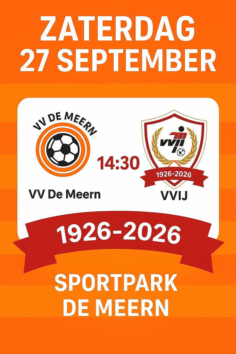 <a href="/VVDeMeern/">V.V. De Meern</a> komende zaterdag verwelkomen wij de mooie vereniging <a href="/vvijsselstein/">VVIJ</a> bij ons op het sportpark. Onze 1e elftallen kruisen de degens. De bezoekers bestaan dit seizoen 100 jaar ⚽️💐