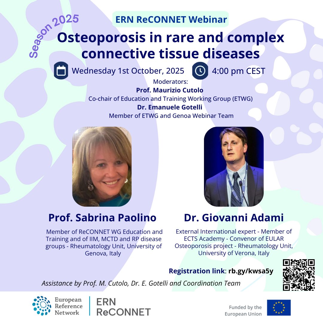 ERN ReCONNET 🇪🇺 (@ern_reconnet) on Twitter photo Register now for the 🆕<a href="/ern_reconnet/">ERN ReCONNET 🇪🇺</a> #webinar “Osteoporosis in rare and complex connective tissue diseases” with <a href="/DrGiovanniAdami/">Giovanni Adami</a> and Prof. Sabrina Paolino, moderated by Prof. Maurizio Cutolo and Dr. Emanuele Gotelli.
🗓️Oct 1st - 16 CEST
✍️Register here: rb.gy/kwsa5y Register now for the 🆕<a href="/ern_reconnet/">ERN ReCONNET 🇪🇺</a> #webinar “Osteoporosis in rare and complex connective tissue diseases” with <a href="/DrGiovanniAdami/">Giovanni Adami</a> and Prof. Sabrina Paolino, moderated by Prof. Maurizio Cutolo and Dr. Emanuele Gotelli.
🗓️Oct 1st - 16 CEST
✍️Register here: rb.gy/kwsa5y