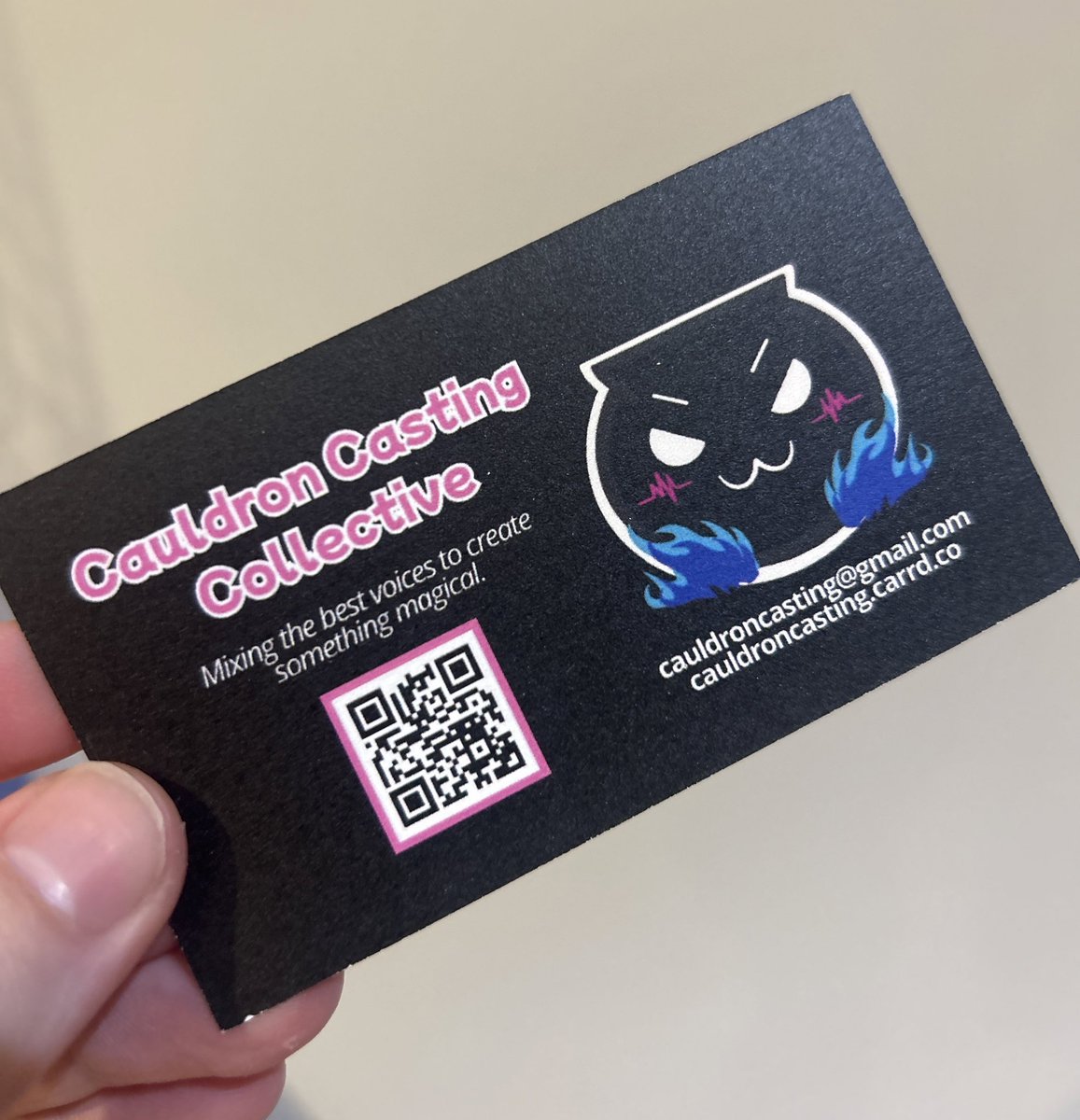 Good morning! Nothing says you’re a Cauldron quite like a business card! 

Terrible caption. Sorry. Also, we’re now less than a week away from closing! Get your submissions in, voice actors! 🎙️✨