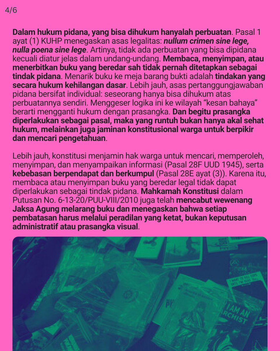 Para penerbit independen Indonesia menyatakan sikap: membaca bukan kejahatan, buku bukan barang bukti.

Kriminalisasi bacaan adalah ancaman terhadap kebebasan berpikir kita semua.