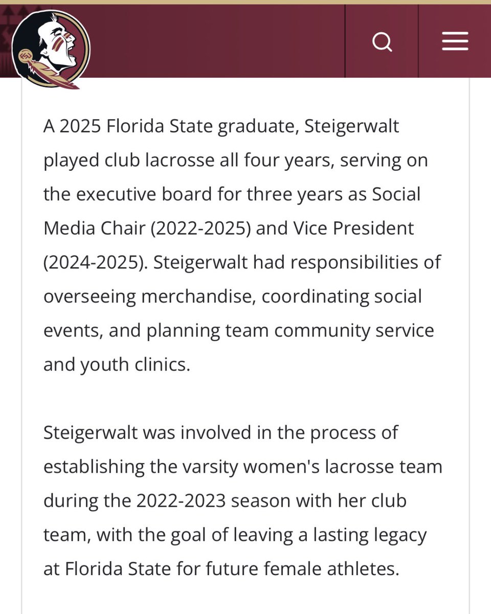 FSU Women’s Club alum Bella Steigerwalt has been named Director of Lacrosse Operations for Florida State’s first NCAA DI season while getting her grad degree 

She played a role in getting the school to add a women’s varsity team