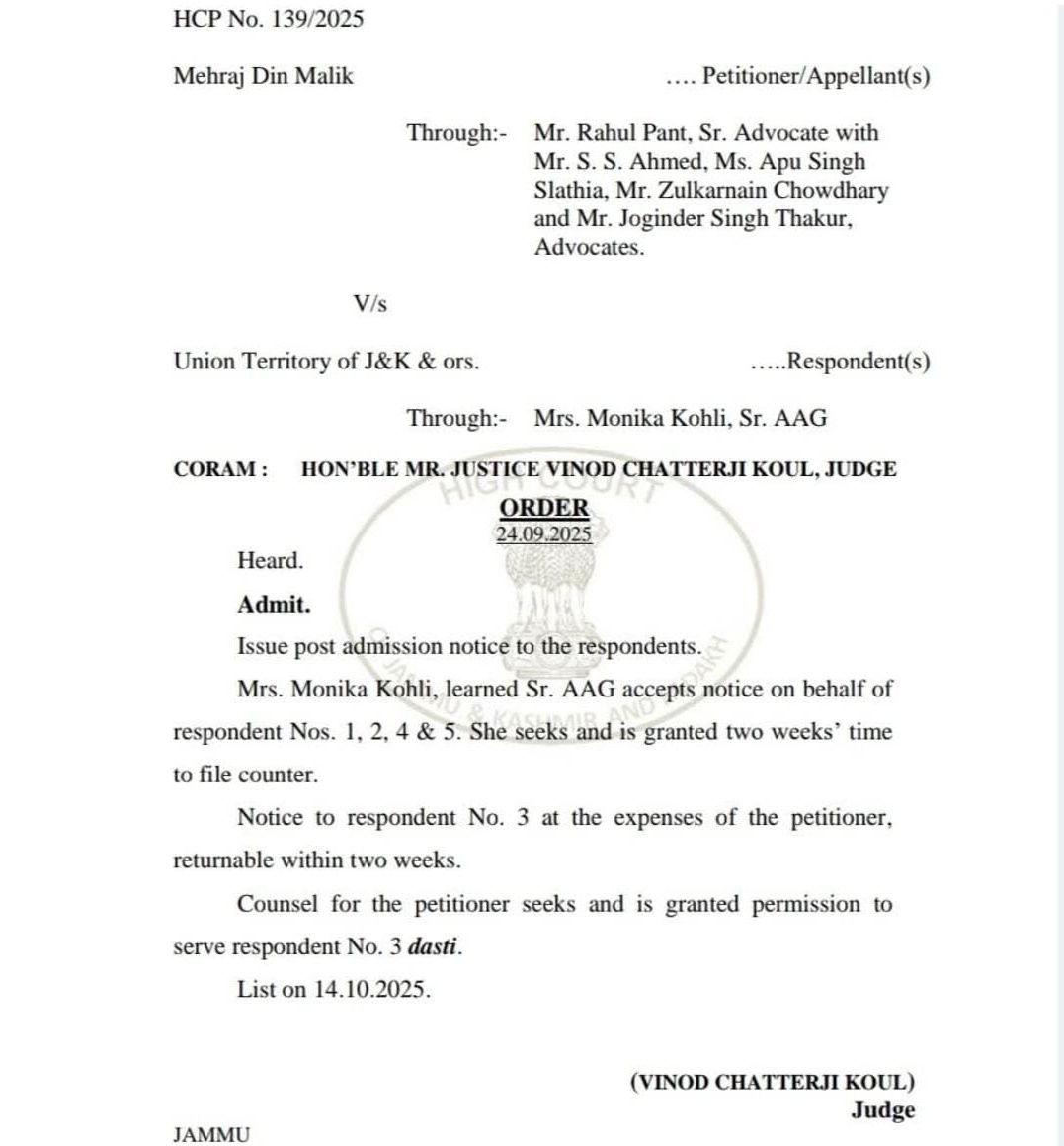 Hon'ble High Court issues notice to Government in MLA Mehraj Malik illegal detention case. Matter listed for 14.10.2025 !

#mehrajmalik <a href="/ImranHussaain/">Imran Hussain इमरान हुसैन</a>
