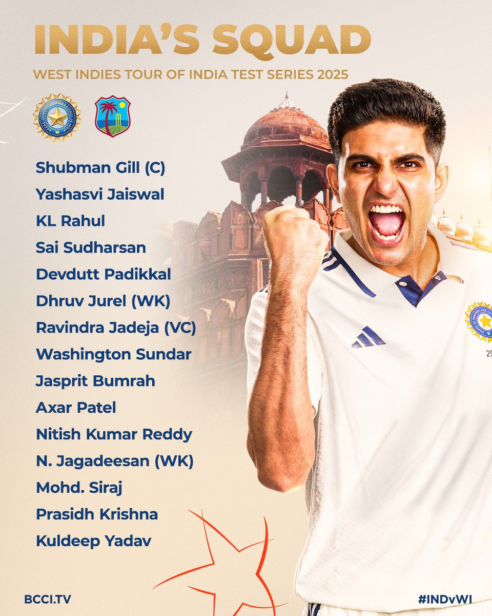 YashwanthPrime's tweet photo. All the best to the India squad for the Test series against West Indies! 🏏 Wishing you strength and success. Disappointed to see Shreyas Iyer missing out, though.                                                                                       #INDvWI || #TeamIndia || KYK™ https://t.co/ju4pXeaXjX