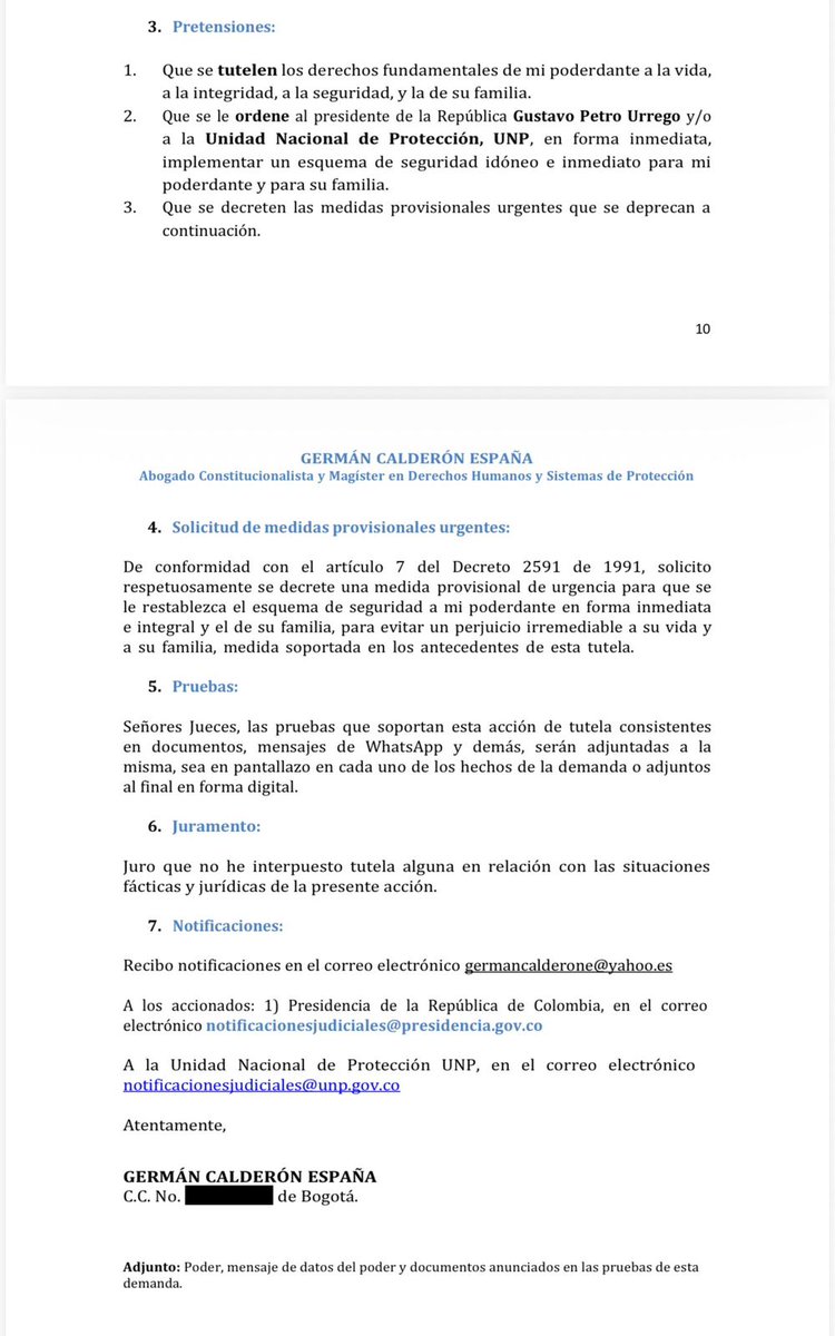 🔵  El precandidato presidencial Abelardo de la Espriella presentó una tutela contra la UNP y la Presidencia de la República, tras denunciar una disminución en su esquema de seguridad: 

▪️ “La tutela señala una "inminente violación" de los derechos fundamentales a la vida, la