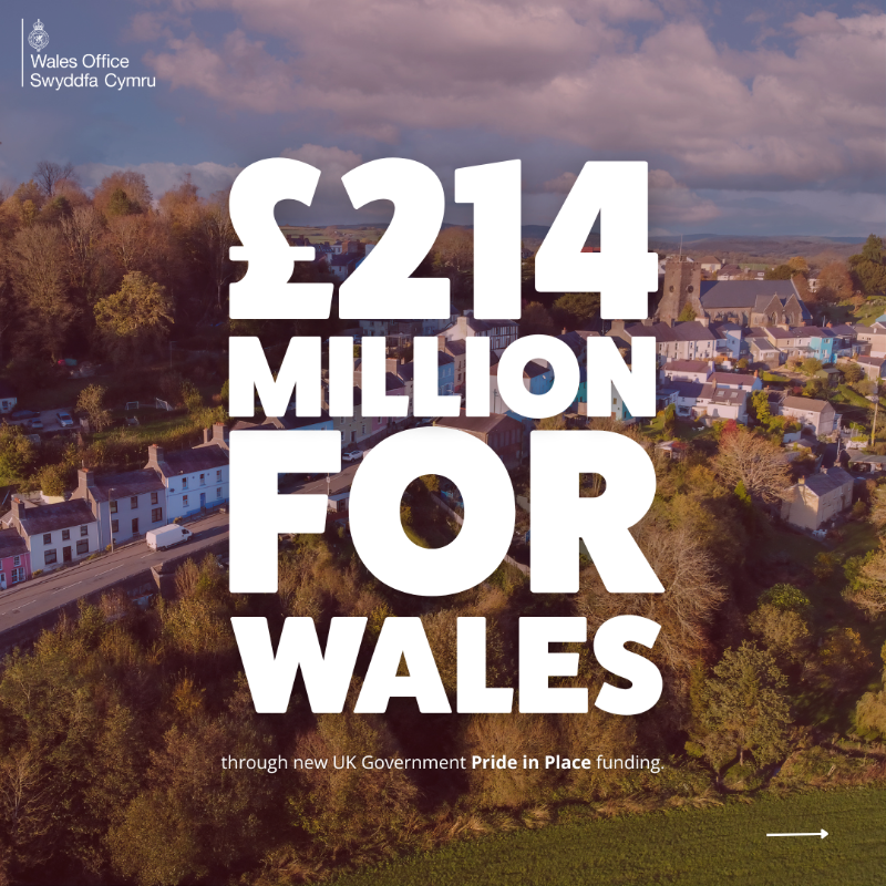 WalesOffice's tweet photo. We’re supporting communities across Wales 🏴󠁧󠁢󠁷󠁬󠁳󠁿

£214m new funding has been announced for Wales through UK Government’s Pride in Place fund:

🏙️ up to £20m each for 9 Welsh communities 
🏘️ at least £1.5m allocated to every local authority in Wales.