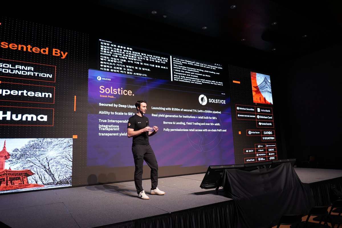 Bringing Wall Street yields into DeFi 🌐, <a href="/ben_solstice/">ben</a>  (Co-Founder &amp; CEO) introduced <a href="/solsticefi/">Solstice</a>  on Solana, launching with $150M secured TVL and built to scale to billions, delivering transparent, compliant, real yield for both institutions and retail.