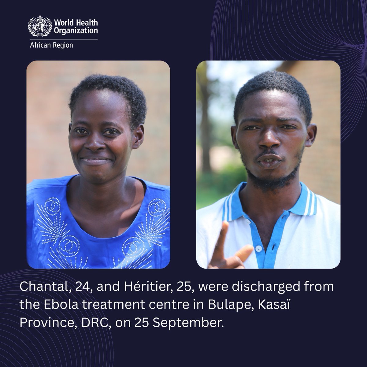 WHOAFRO's tweet photo. Chantal and Héritier have been discharged from the Ebola treatment centre in Bulape 🇨🇩.

Every recovery is a step closer to ending this #Ebola outbreak.

The response is ramping up! @WHO is working with national authorities and partners to protect communities and end the outbreak as quickly as possible.
