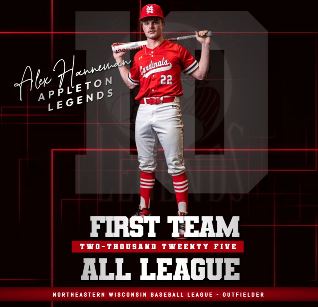 AppletonLegends's tweet image. Congratulations to our @newblwi  All League Players!

1st Team Outfield:
Alex Hanneman - @SMUBaseball 

Alex finished NEWBL league with a .327 average and OPS of .886.

A steady presence in the outfield day in and day out, Alex was voted 1st team!
#beLEGENDary