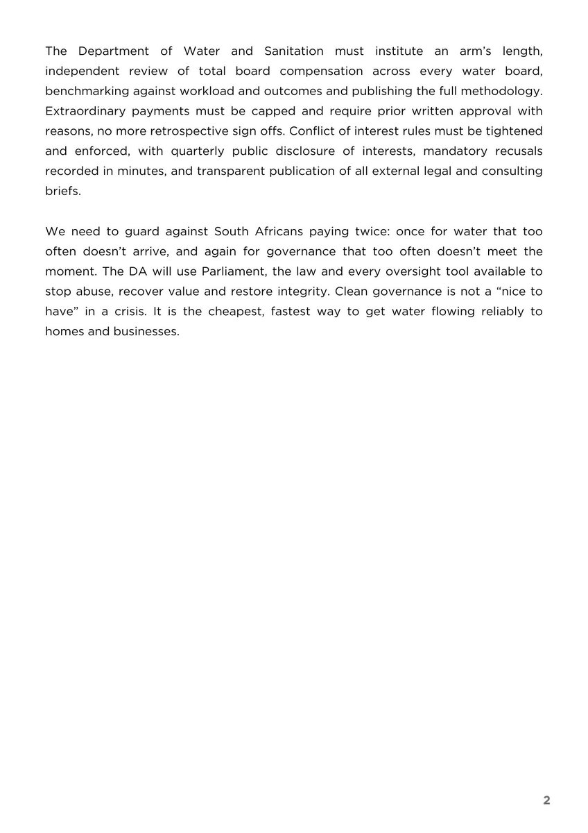 💧 Clean governance or dry taps.

While households queue for water, reports of uMngeni-uThukela Water directors awarding themselves R2,6m in “excess hours” fees erode trust.

The DA is moving in Parliament to bring transparency in water boards. Every rand must serve the public,