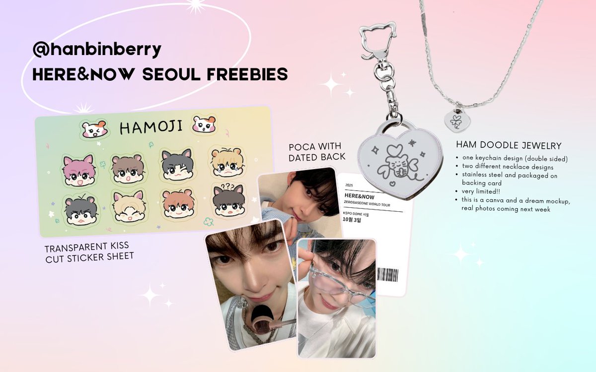 ₊˚⊹  ͙͘͡★ rts appreciated! i'll choose 10 rts to send stickers/poca to (anywhere! 🌏)

ZEROBASEONE [HERE &amp; NOW] in seoul freebies 🫶🏻
10/3, 10/4, 10/5
more details to come!

제로베이스원 월드투어 서울 콘서트
10.3, 10.4, 10.5
언제 어디서 만날지는 콘서트 날 공지할게요 💕