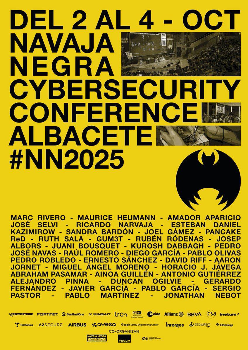 La semana que viene vuelve el mejor networking. 

Del 2 al 4 de octubre, en el Paraninfo Universitario de la <a href="/uclm_es/">Universidad de Castilla-La Mancha</a> y la <a href="/esiiab/">ESII</a>. 

📢 Toda la programación disponible en navajanegra.com/2025/#schedules 

#NN2025 🖤💛 #Cybersecurity #Conference #Ciberseguridad