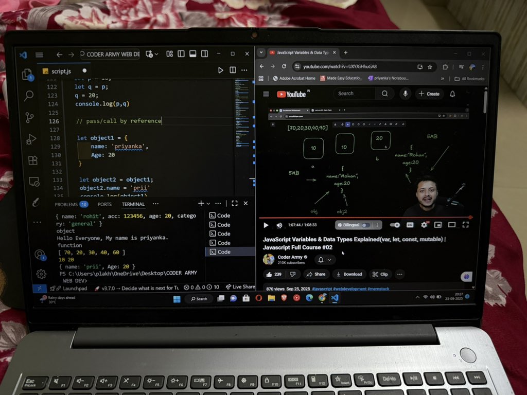 codewithpri's tweet image. Day 17 of WEB DEVELOPMENT ✅

Learnt about variables (let, var, const), different datatypes &amp;amp; even played around with typeof.

Everything felt crystal clear  🙌 Can’t wait for the next one!  @rohit_negi9 

#100DaysOfCode #WebDev #100xDevs