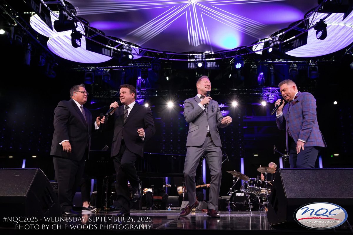 NQConline's tweet image. Wednesday night photo recap! Pictured: The Booth Brothers, Jim &amp;amp; Melissa Brady, Tribute and Dino. #nqc2025 #gospelmusic