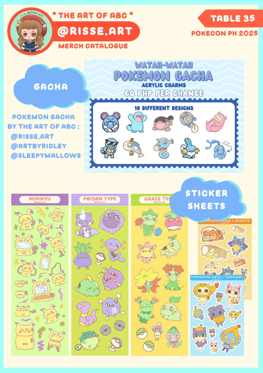 risse_art's tweet photo. Sharing with you my merch catalogue for #PokeConPH2025

Don’t forget to grab a stamp card and join our stamp rally on Mythical Mayhem!💜

The Art of ABC will be at Table 35, see you!👋

📍Market Market | September 26-28 | 10AM-10PM | Free entrance https://t.co/AqhrvRUn0j
