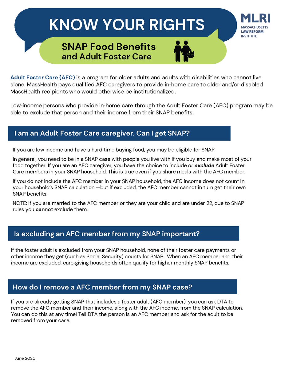 MassLegalHelp's tweet image. Adult Foster Care (ACF) caregivers - if you are low income, you may be eligible for SNAP and you have the choice to exclude ACF members in your SNAP household. Apply through the Department of Transitional Assistance (DTA).

Learn more at MassLegalHelp.
masslegalhelp.org/public-benefit…