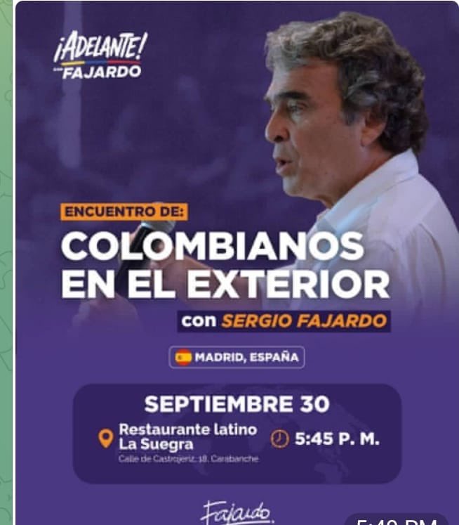 📍Arrancamos la agenda de Colombianos en el Exterior con <a href="/sergio_fajardo/">Sergio Fajardo</a>, tienes conocidos o vives en Madrid? Escríbenos para un encuentro.

 #AdelanteConFajardo