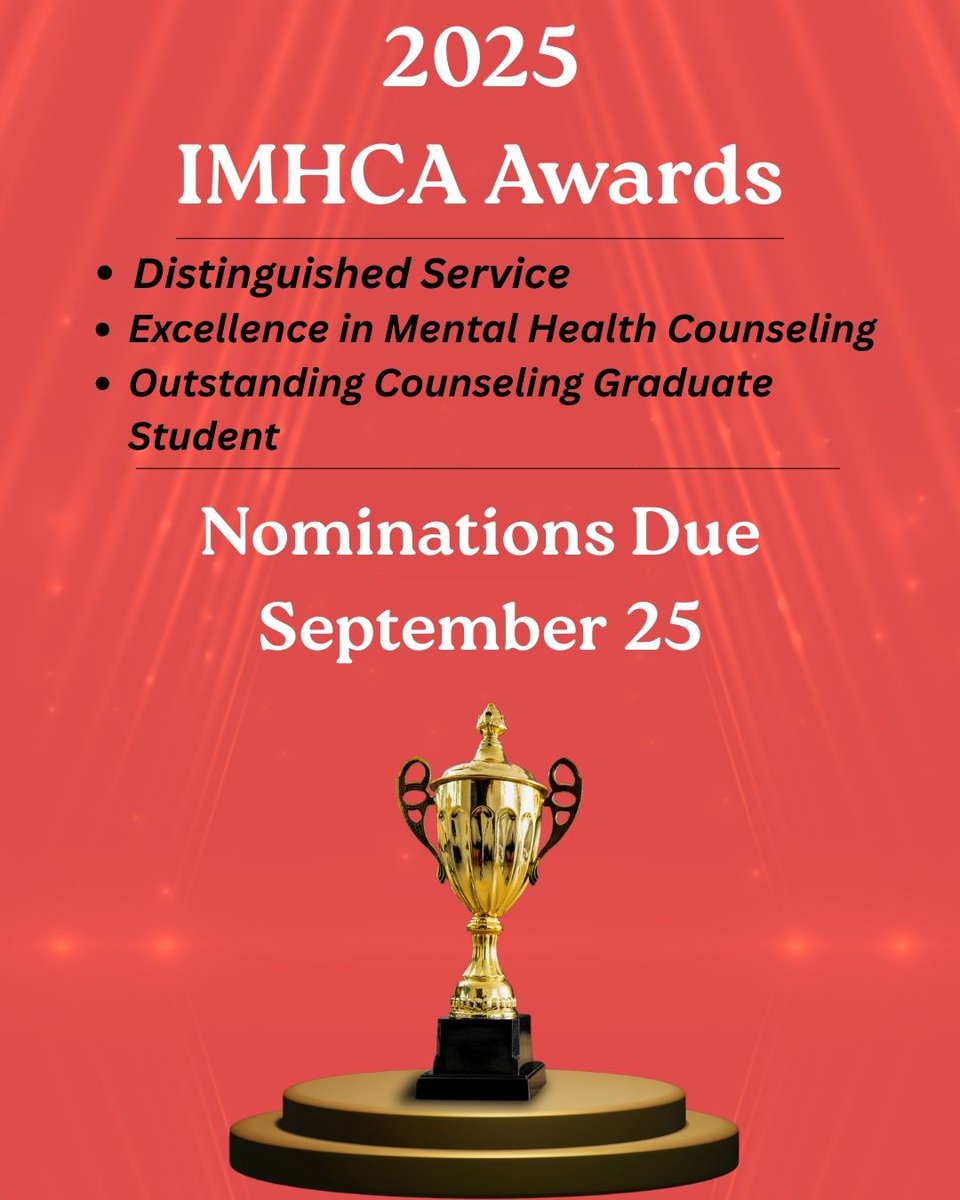 LAST CALL for 2025 IMHCA Award Nominations, to be presented at the Illinois Counseling Association's 2025 Annual Conference in Northbrook on November 7th!

To submit a nomination, please reach out to our office at myimhca@gmail.com
