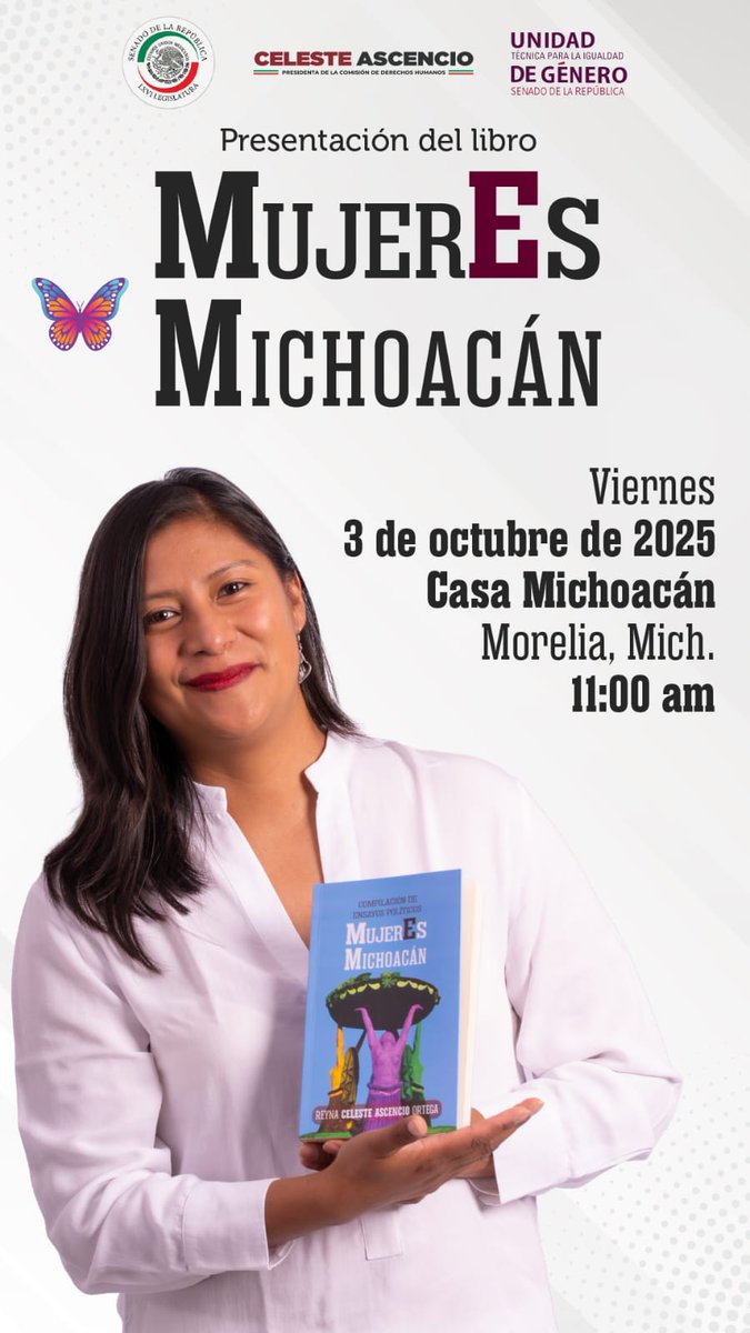 ¡Amigas y amigos de Michoacán!

¡No te pierdas la presentación de 'MujerEs Michoacán'! 🎉📚 El 3 de octubre en Casa Michoacán, Morelia, a las 11am. ¡Ven y celebra con nosotras a mujeres poderosas y capaces! 💜

#MujerEsMichoacán #CelesteAscencioSenadoraDelPueblo