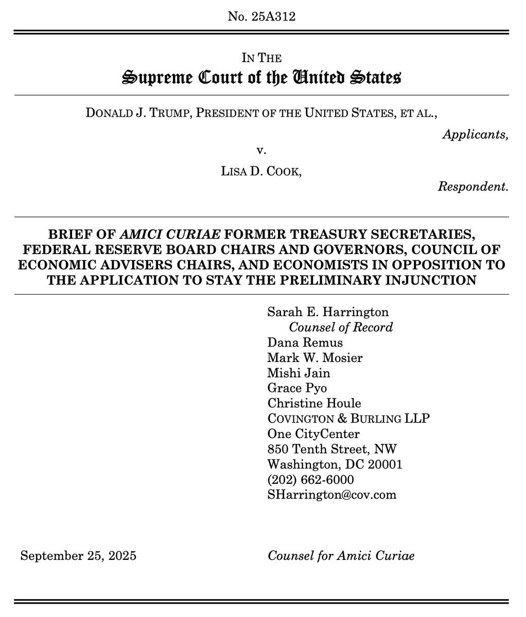 Bernanke, <a href="/JohnHCochrane/">John Cochrane</a>, Greenspan, Mankiw, Paulson, Rogoff, Romer, Rubin, <a href="/LHSummers/">Lawrence H. Summers</a>, Yellen, others, &amp; me: "allowing the removal of Governor Lisa D. Cook while the challenge to her removal is pending would threaten that independence and erode public confidence in the Fed."