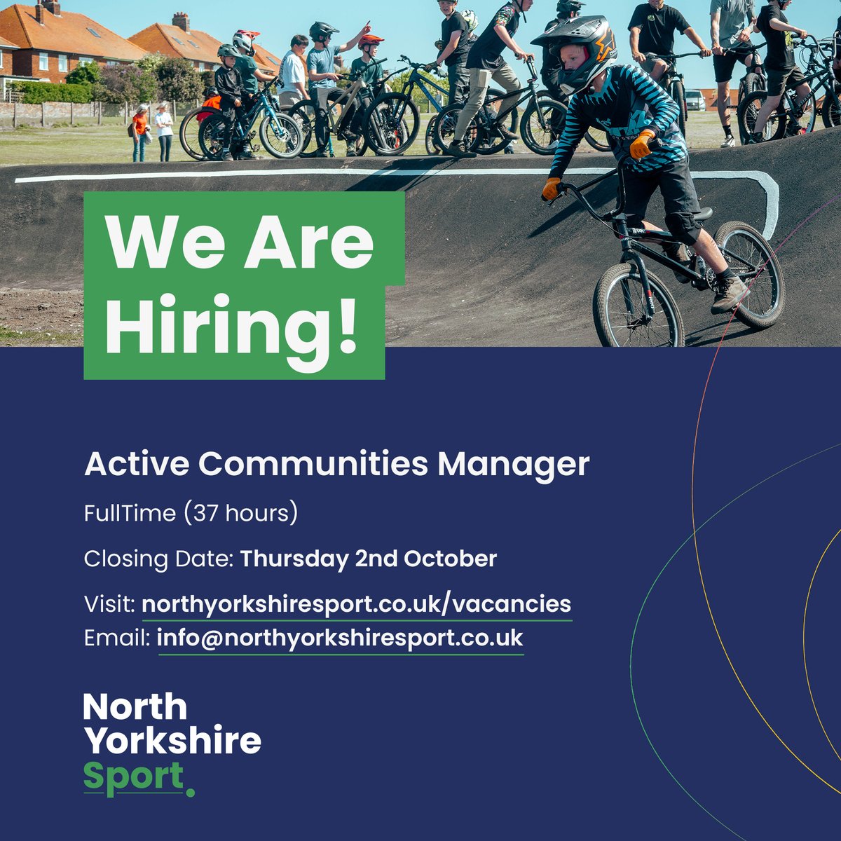 NorthYorksSport's tweet image. Just one more week to apply to be our new Active Communities Manager!

Closing Date: Thursday 2nd October
Interview date: Monday 13th October 

Join us an help communities in North Yorkshire thrive through movement, activity and sport!

Apply now: northyorkshiresport.co.uk/latest/vacanci…