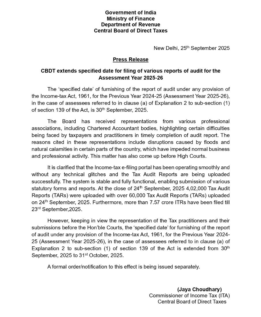 All the Chartered Accountants will celebrate Dussehra today for their victory over adamant CBDT and Finance Ministry. Unity is strength.

Batoge to katoge!
#ICAI #TaxAuditExtension #NirmalaSitharaman #Extend_Due_Date_Immediately  #TaxAudit2025 #TaxAudit