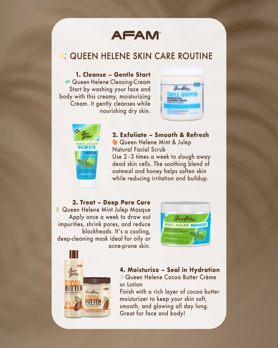 afamghana's tweet image. 🌿 “Glowing skin made simple 🌸
Follow this 4-step Queen Helene routine to cleanse, exfoliate, treat, and lock in hydration. Because skincare doesn’t need to be complicated it just needs to work.
.
.
#AFAMConcept #LustiHairCare #LeisureCurl #QueenHeleneBeauty #HawaiianSilky