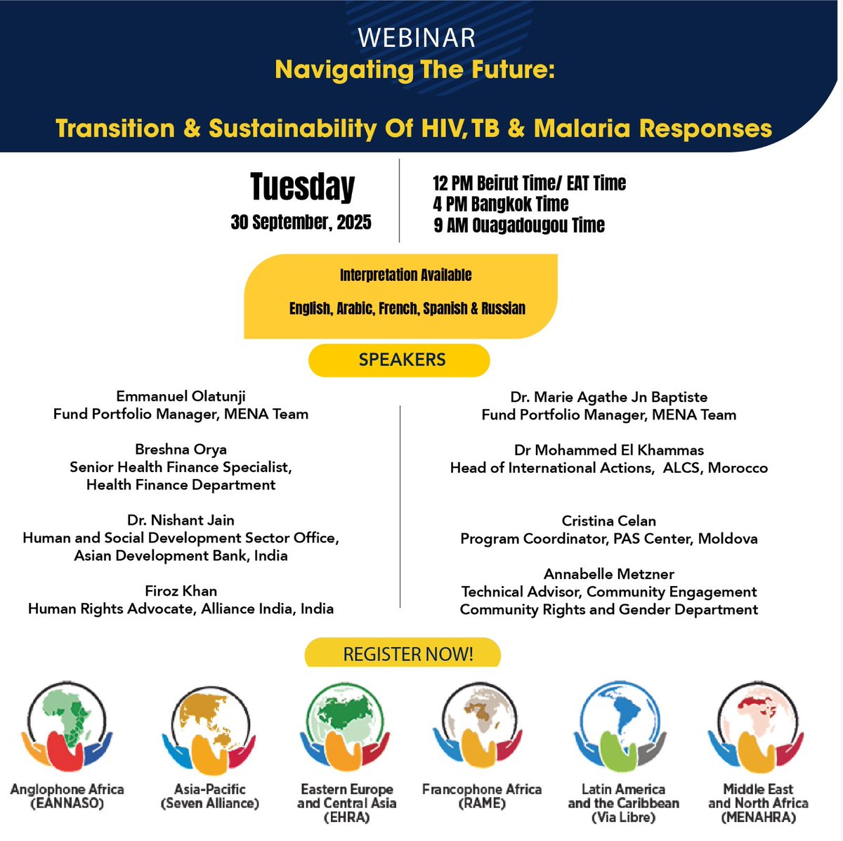 Don't miss this opportunity! with the <a href="/sevenallianceap/">Seven Alliance AP</a>  <a href="/eannaso/">EANNASO</a>  <a href="/ehra_eurasia/">EHRA</a>  <a href="/Ong_Rame/">RAME - Réseau Accès aux Médicaments Essentiels</a> <a href="/plataformalac/">Plataforma LAC</a>  <a href="/mena_hra/">MENAHRA</a> and <a href="/MENARosa2/">MENA Rosa</a> Register now so that we can collectively navigate the future with the <a href="/GlobalFund/">The Global Fund</a>  us06web.zoom.us/webinar/regist…