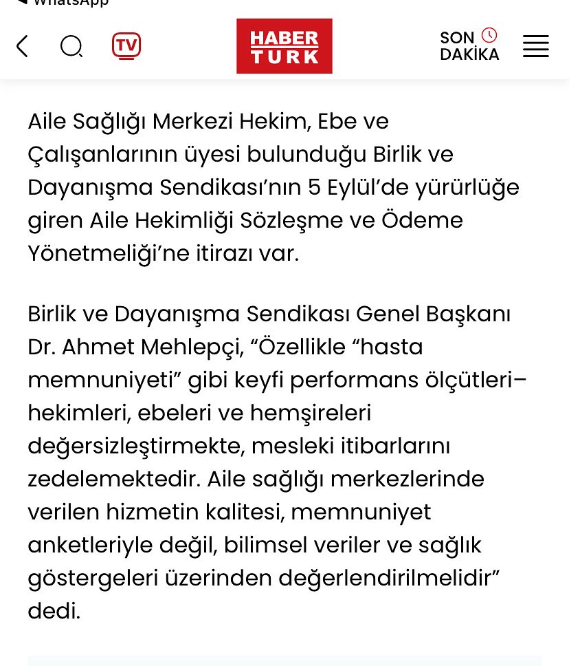 "TÜKENMİŞLİK ARTTI"
Genel Başkanımız Dr Ahmet Mehlepçi’nin <a href="/Haberturk/">Habertürk</a>  e yaptığı açıklamada , “Bu yönetmelik çalışanların güven duygusunu ve motivasyonlarını zedelemekte ve sağlık çalışanları arasında tükenmişliği artırıyor” diye konuştu.
Söz konusu düzenlemenin, sağlık