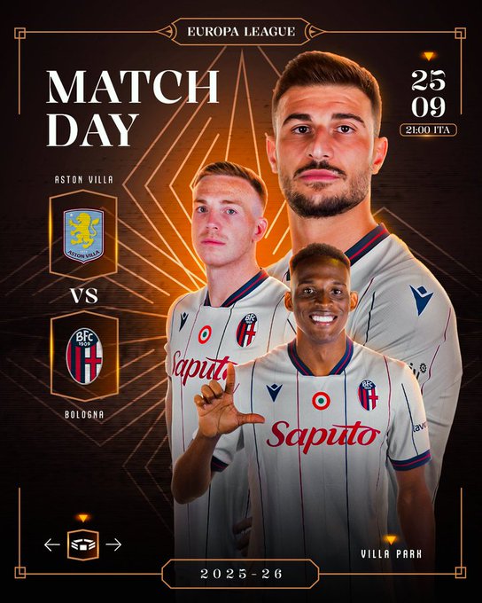 Three football players in Bologna FC jerseys with red and white vertical stripes, featuring the Saputo logo. One player points forward, another smiles, and the third has a neutral expression. Logos for Aston Villa and Bologna FC are visible, along with text reading "Europa League," "Match Day," "25 09 2024," "20:45 ITA," "Aston Villa vs Bologna," "Villa Park," and "2025-26."