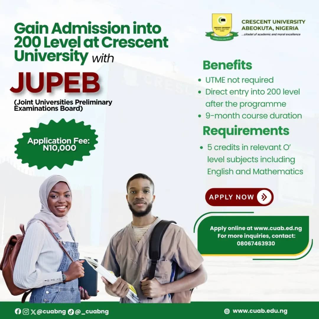 cuab_trends's tweet photo. Skip the UTME stress! ๐
Gain direct entry into 200 Level at Crescent University with JUPEB.
โ
9-month programme
โ
5 Oโlevel credits (incl. Eng & Math)
๐ฐ Application: โฆ10,000
Apply ๐ https://t.co/v29FzXKZZY | ๐ 08067463930
#cuabtrends #JUPEB #crescentuniversity #cuab https://t.co/1apnacWr0Z