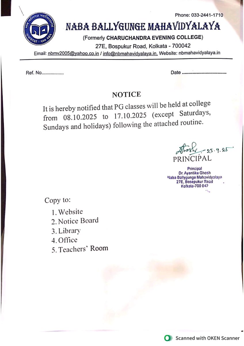 nbmkolkata1985's tweet image. PG &amp;amp; M.Com classes at Naba Ballygunge Mahavidyalaya will follow the college routine from 8.10.2025 to 17.10.2025 (excluding weekends/holidays). Check detailed schedules on our website &amp;amp; notice board. #CollegeNotice #AcademicRoutine